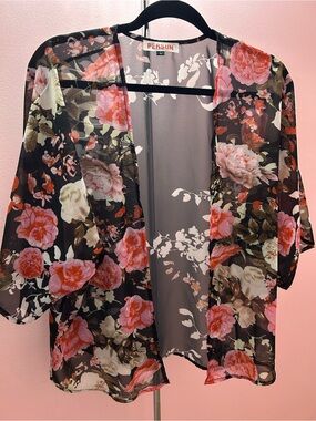 Persun Pink Floral Sheer Kimono Top